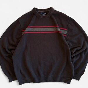 Vintage Basic Editions Black Cotton Knit Red Gray Striped Crewneck Sweater XL
